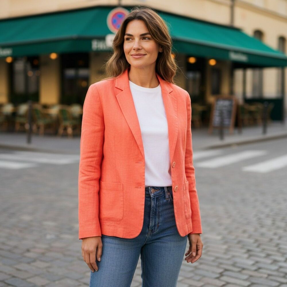 Kiko Comfort Women's Orange Jacket 100% linen lightweight Size M #57